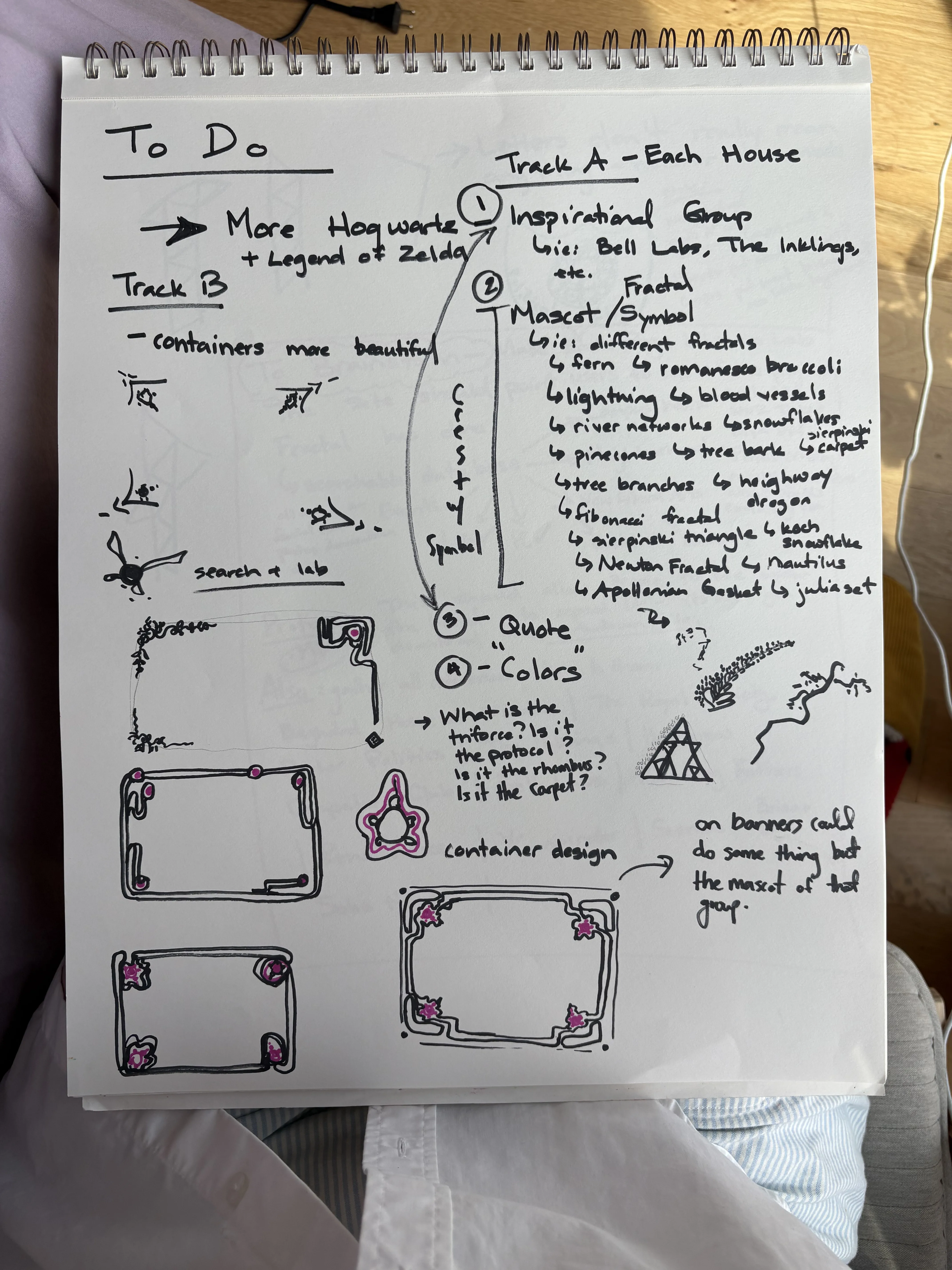 Notebook sketches exploring visual motifs, symbols, and containers
